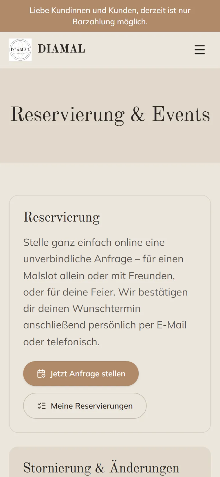 Die Reservierungsseite des DIAMAL ceramic café auf dem Smartphone