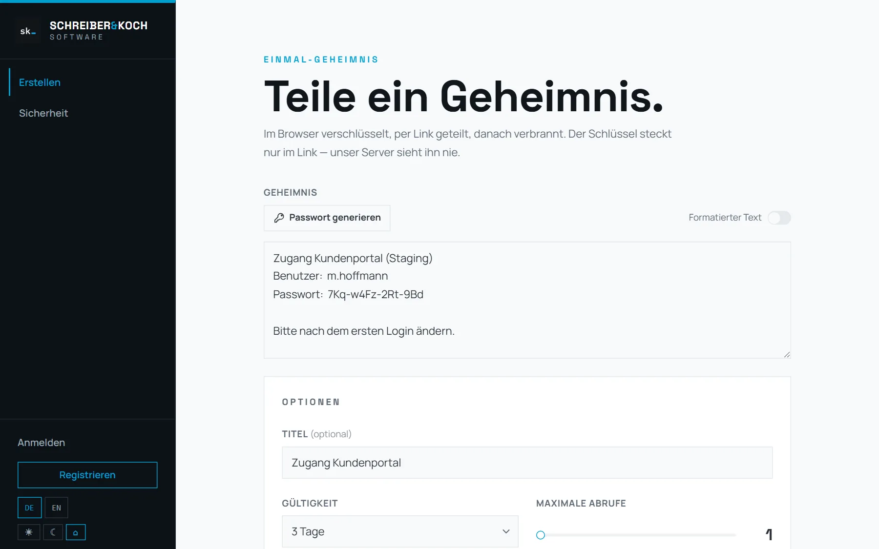 Die Eingabemaske von sk secrets, in der ein Passwort eingetippt wird