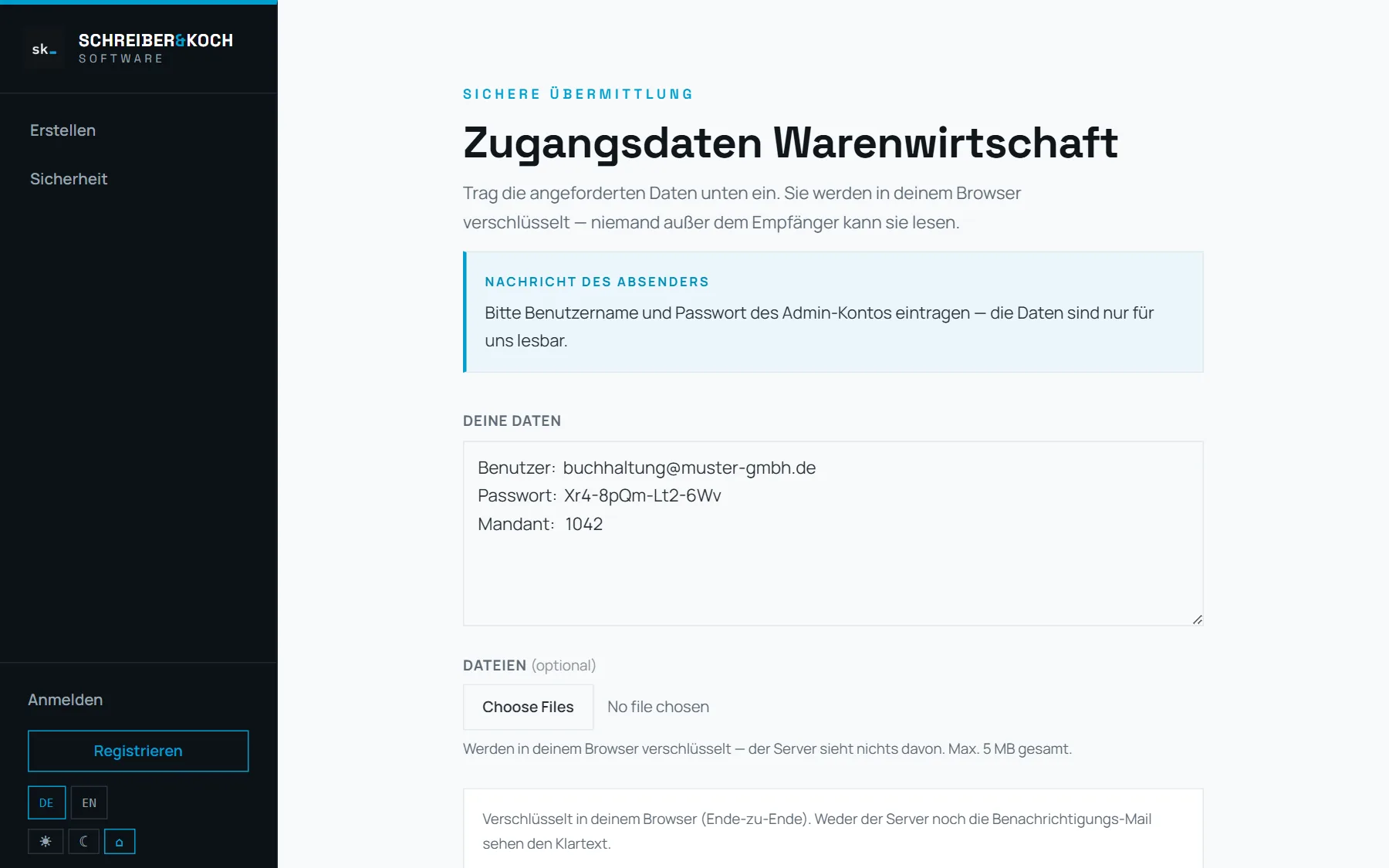 Das Formular, in das ein Kunde die angeforderten Zugangsdaten einträgt